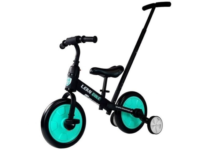 Bicicleta 3 in 1 cu pedale si roti ajutatoare pentru copii negru-turcoaz LeanToys 7679