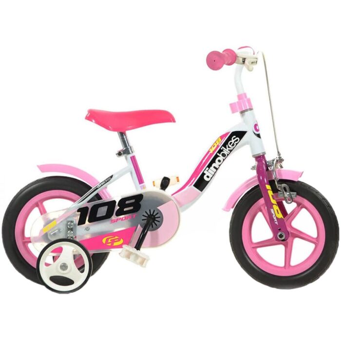 Bicicleta copii Dino Bikes 10 inch 108 sport alb si roz cu frana