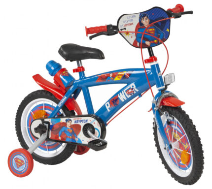 Bicicleta cu roti ajutatoare si sticluta de apa cu suport Superman 14 inch