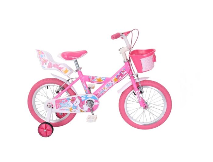 Bicicleta pentru copii 16 inch Magik Bikes cu cosulet 2 frane de mana si roti ajutatoare Magical Unicorn