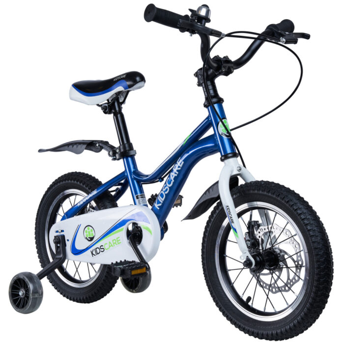 Bicicleta pentru copii 2-4 ani KidsCare HappyCycles 12 inch cu roti ajutatoare si frane pe disc albastru