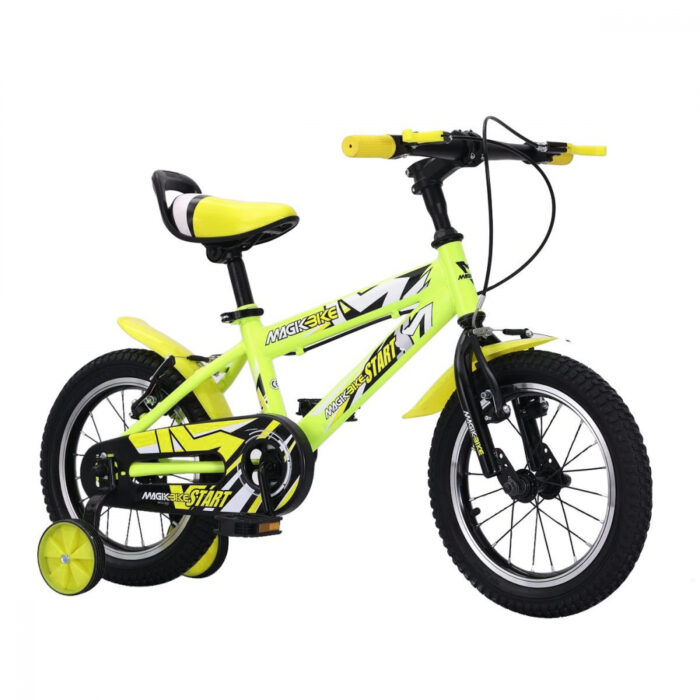 Bicicleta pentru copii roti 14 inch Magik Bikes SuperMagik 2 frane de mana roti ajutatoare Galben Neon