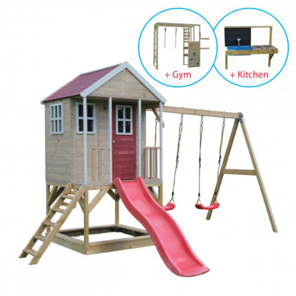 Casuta Nordic Adventure House cu loc pentru nisip tobogan leagan dublu modul sport si bucatarie Wendi Toys