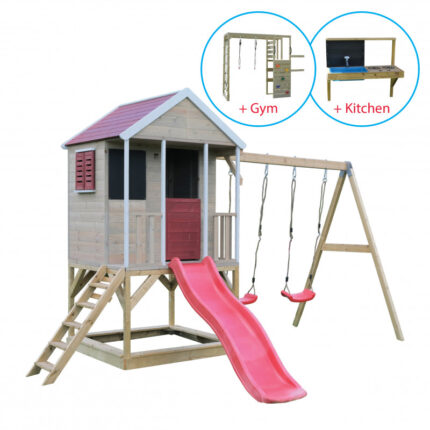 Casuta Summer Adventure House cu loc pentru nisip tobogan leagan dublu modul sport si bucatarie Wendi Toys