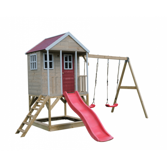 Casuta de gradina Nordic Adventure House cu platforma cu loc pentru nisip tobogan si leagan dublu (M30R) Wendi Toys