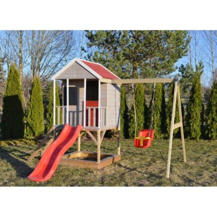 Casuta de gradina Summer Adventure House cu platforma cu loc pentru nisip tobogan si leagan M9