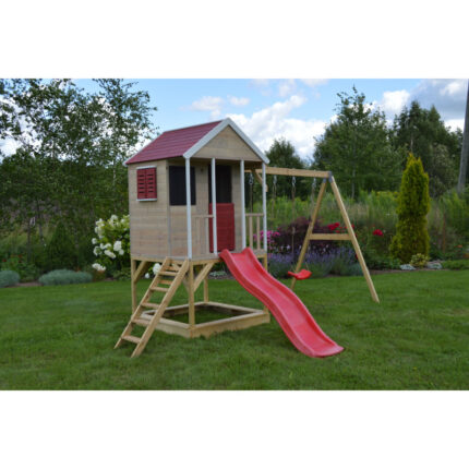 Casuta de gradina Summer Adventure House cu platforma cu loc pentru nisip tobogan si leagan dublu (M29R) Wendi Toys