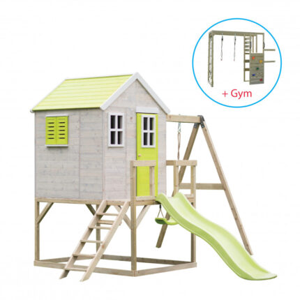 Casuta de gradina lime Lodge cu tobogan leagan si modul sport Wendi Toys