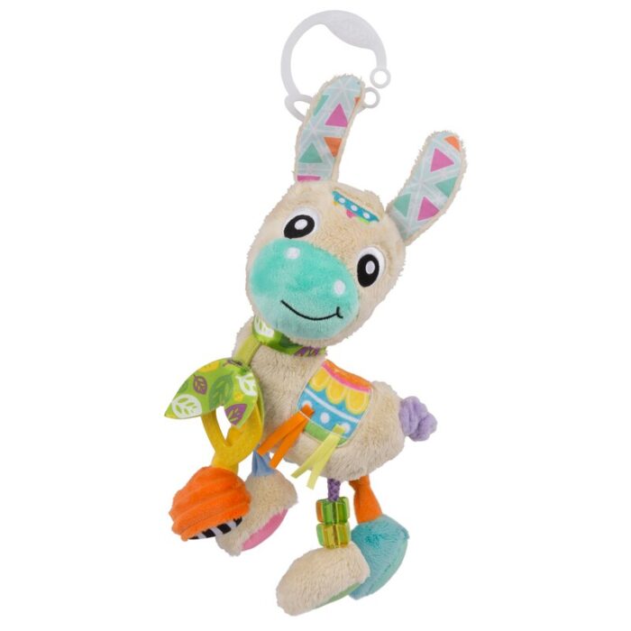 Jucarie carucior sau scaun auto Playgro cu inele pentru dentitie Sensory Friend Lupe Llama