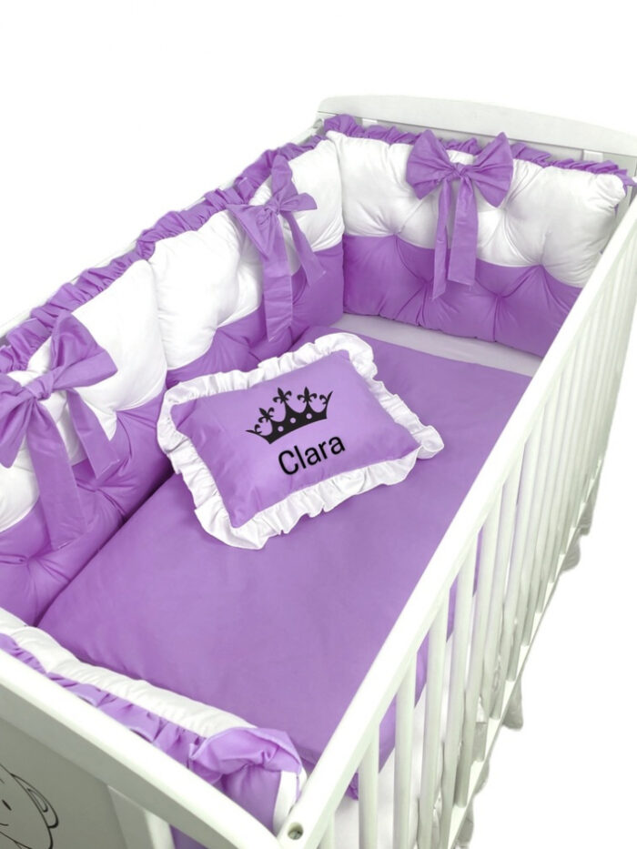 Lenjeria de pat Personalizata cu 4 perne aparatori matlasate cearceaf cu volanas pilota si pernuta 120x60 cm violet