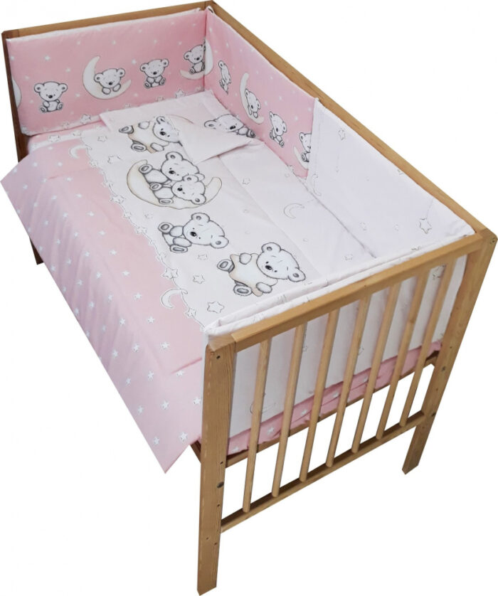 Lenjerie patut 120x60 cm cu 5 piese Nichiduta Teddy on the Moon Pink