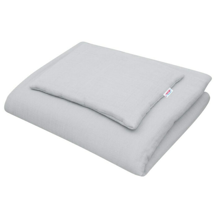 Lenjerie patut 2 piese New Baby din muselina cu perna si pilota 100x70 cm Light Grey