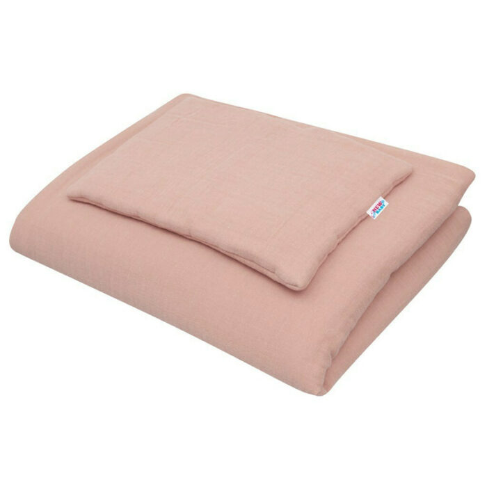 Lenjerie patut 2 piese New Baby din muselina cu perna si pilota 100x70 cm Pink