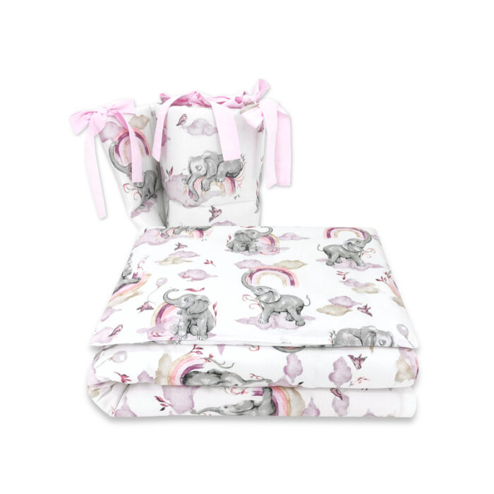 Lenjerie patut 3 piese Qmini cu protectie laterala din bumbac 140x70 cm Elephants on Rainbow Pink