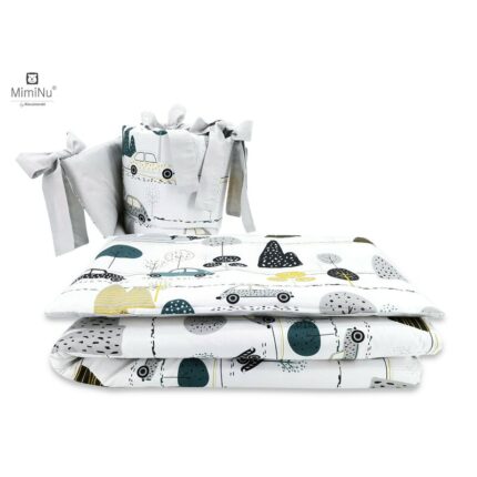 Lenjerie patut 3 piese cu protectie laterala Childrens Journey Grey din bumbac pentru patut 120x60 cm