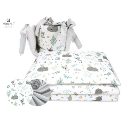 Lenjerie patut 3 piese cu protectie laterala Forest friends GreyMint din bumbac pentru patut 120x60 cm