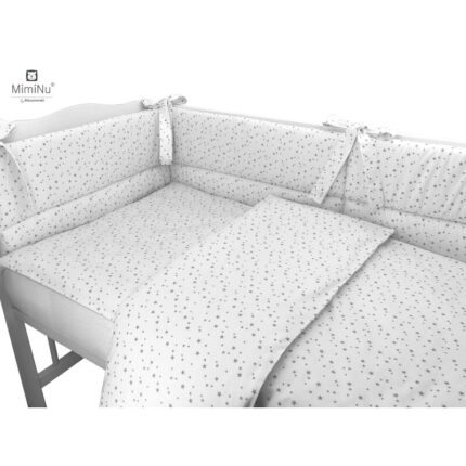 Lenjerie patut 3 piese cu protectie laterala Mini Gray Stars din bumbac pentru patut 120x60 cm