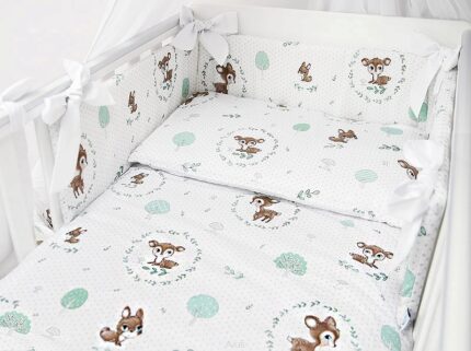 Lenjerie patut 3 piese cu protectie laterala pentru patut 120x60 cm Deer Green Wreaths