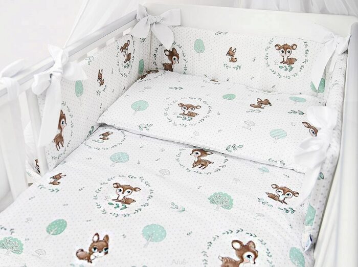 Lenjerie patut 3 piese cu protectie laterala pentru patut 120x60 cm Deer Green Wreaths