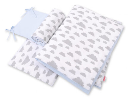 Lenjerie patut 3 piese cu protectie laterala si doua fete Clouds Gray Blue