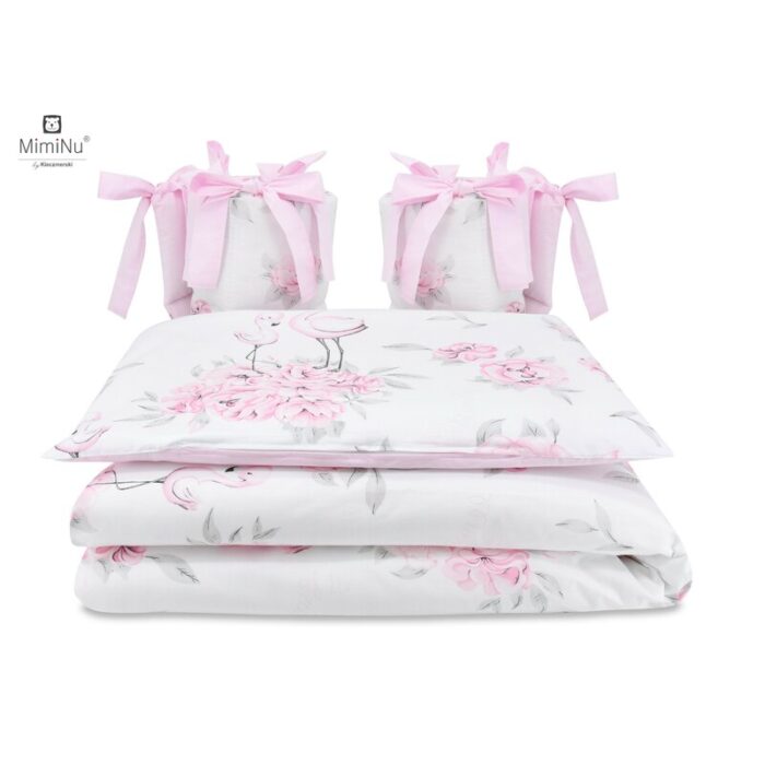 Lenjerie patut 4 piese MimiNu bumbac cu protectii laterale 120x60 cm Peonie Pink