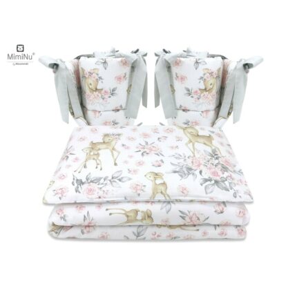 Lenjerie patut 4 piese bumbac MimiNu cu doua protectii laterale pentru patut 120x60 cm Sweet Deer Pink