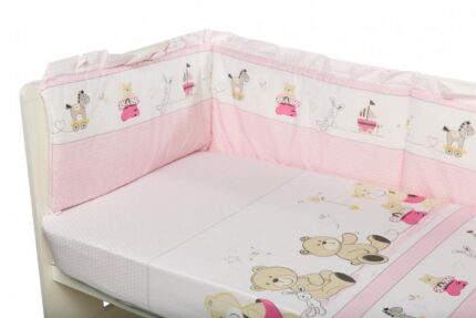 Lenjerie patut cu 5 piese 120x60cm Teddy Play Pink M2