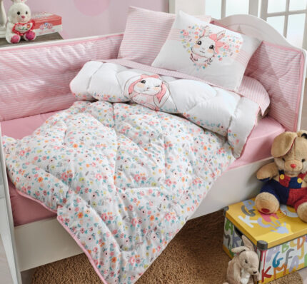 Lenjerie patut cu 6 piese Baby Ranforce Bunny Pembe