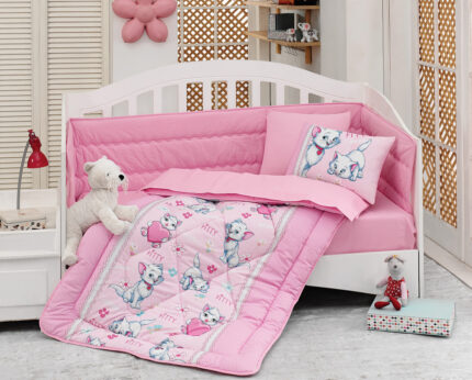 Lenjerie patut cu 6 piese Baby Ranforce Kitty Pink