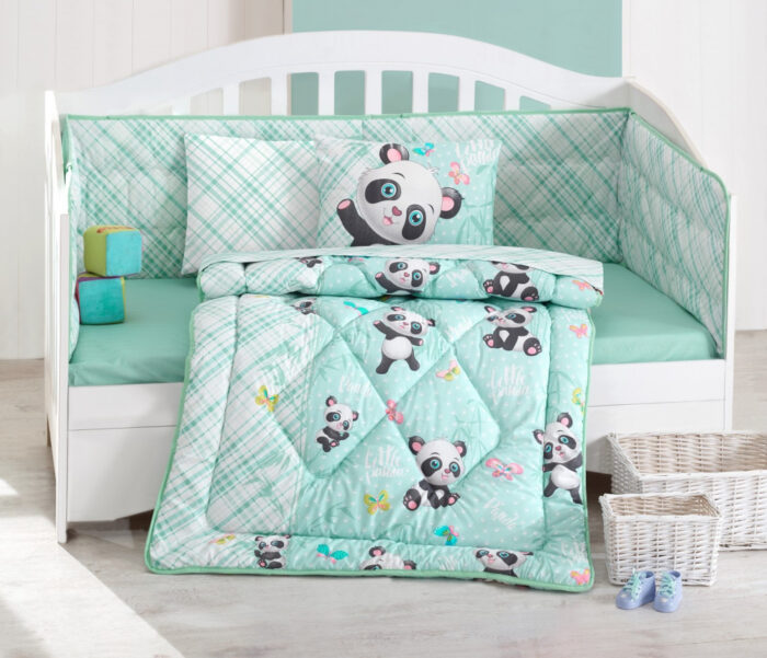 Lenjerie patut cu 6 piese Baby Ranforce Panda Mint