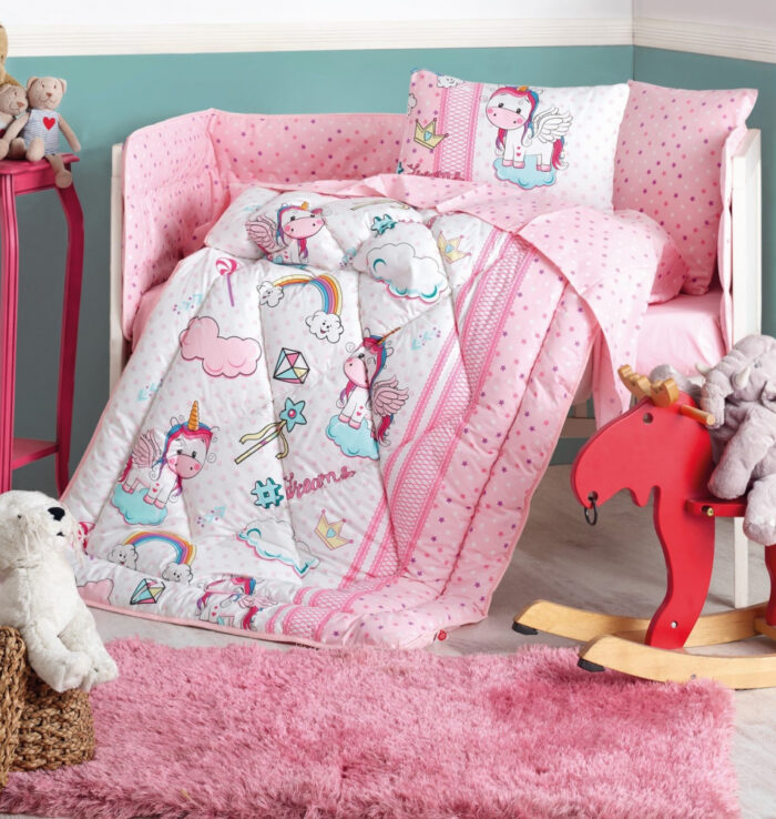 Lenjerie patut cu 6 piese Baby Ranforce Unicorn Pink