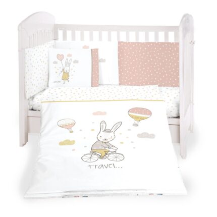 Lenjerie patut cu 6 piese cu protectie laterala Rabbits in Love 60x120 cm