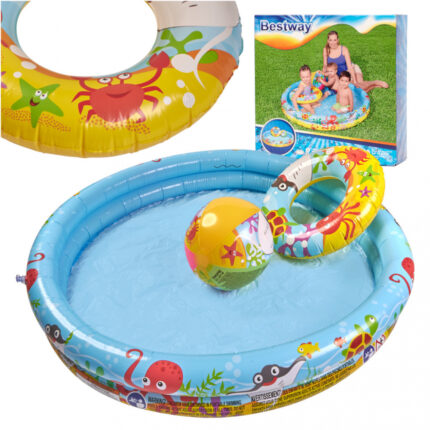 Set 3 piese Piscina gonflabila colac si minge Multicolor 122 cm Marine Life