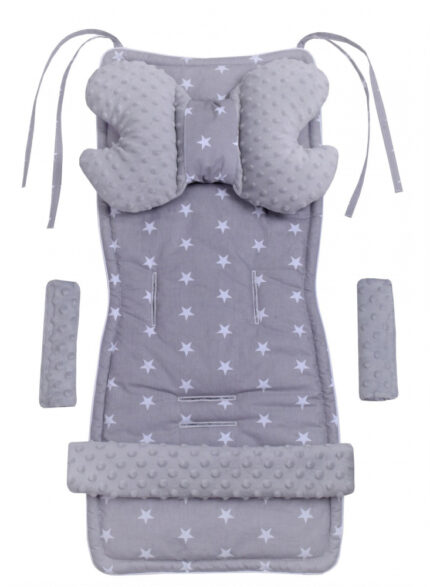 Set 4 in 1 Minky Nichiduta pentru carucior cu salteluta perna 2 protectii centuri si protectie bara Grey Stars