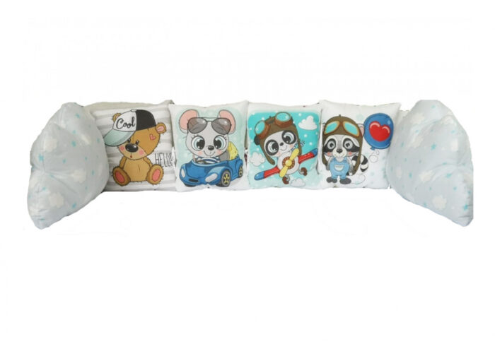 Set 6 pernute pentru patut cu panglici Nichiduta Happy Animals Blue