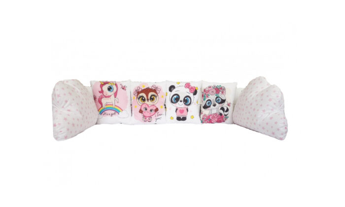 Set 6 pernute pentru patut cu panglici Nichiduta Happy Animals Pink