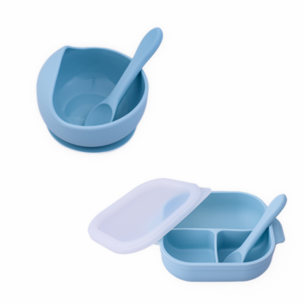 Set castron farfurie cu ventuza lingurita si capac bleu