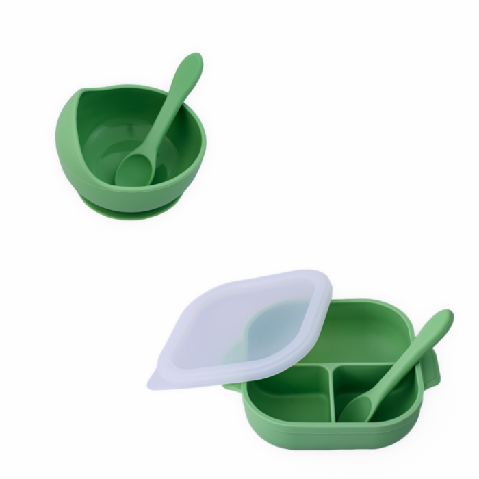 Set castron farfurie cu ventuza lingurita si capac verde pal