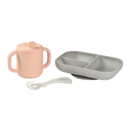 Set de masa silicon cu cana Beaba Old Pink