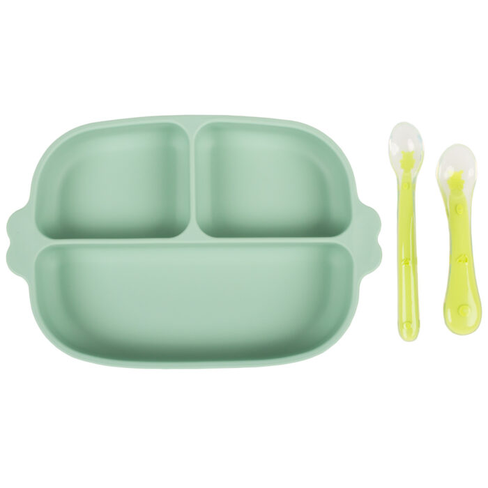 Set hranire bebe din silicon 1 farfurie compartimentata cu ventuza 2 lingurite marimi diferite fara BPA verde KidsCare