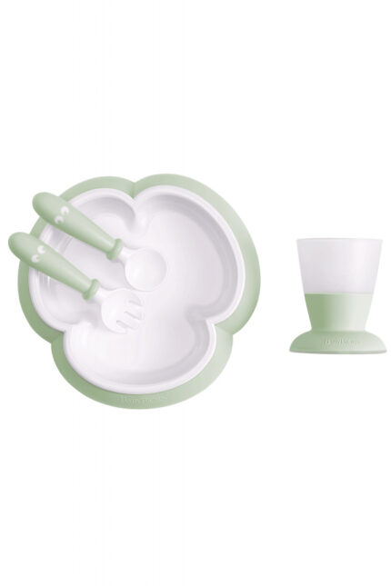 Set hranire farfurie lingurita furculita si pahar pentru bebe Powder Green