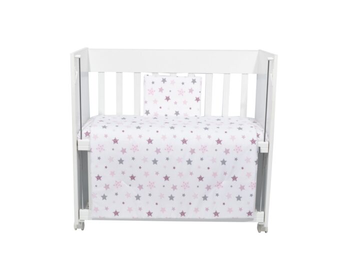 Set lenjerie 4 piese Mini Cot Pink and Grey Stars white