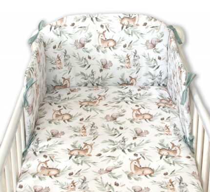 Set lenjerie Amy din bumbac cu protectie laterala pentru pat bebe 120 x 60 cm Forest