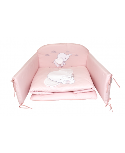 Set lenjerie din bumbac cu protectie laterala pentru pat bebelusi Elephant Pink 120 x 60 cm