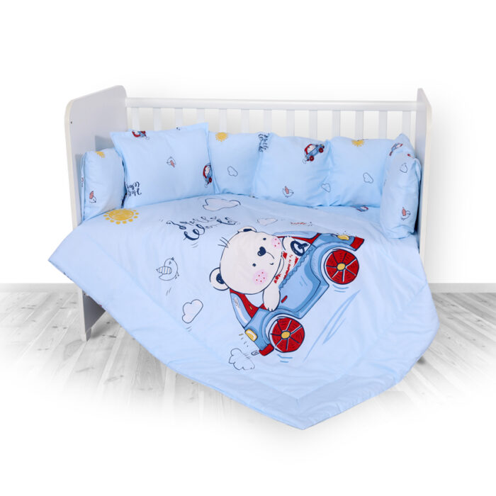 Set lenjerie pat 8 piese 70x140 cm bumbac ranforce Bear Car Blue