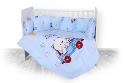 Set lenjerie pat bumbac ranforce 7 piese Lili Bear Car Blue