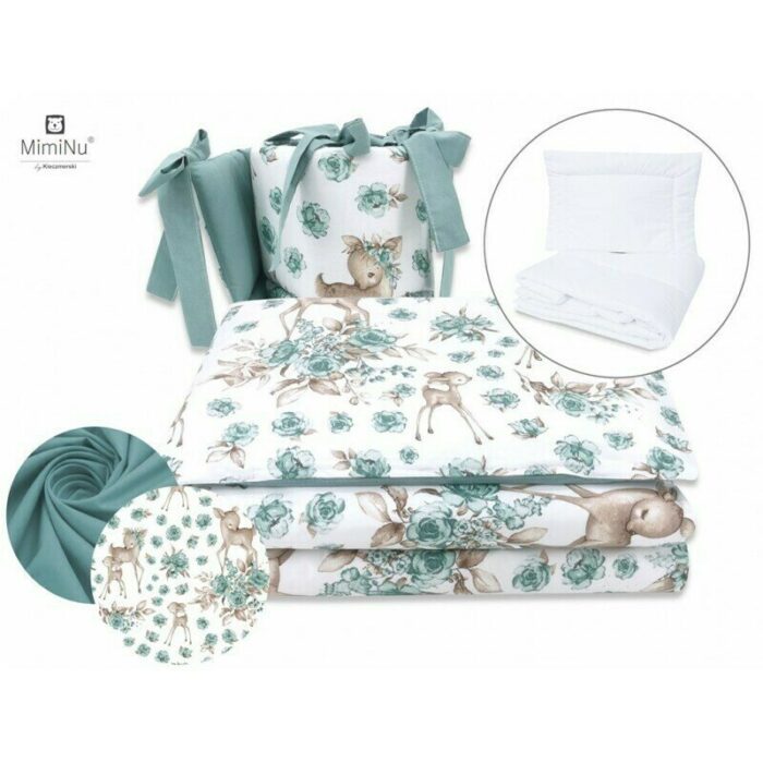 Set lenjerie patut 5 piese MimiNu cu pilota si perna din bumbac pentru patut 120x60 cm Sweet deer mint