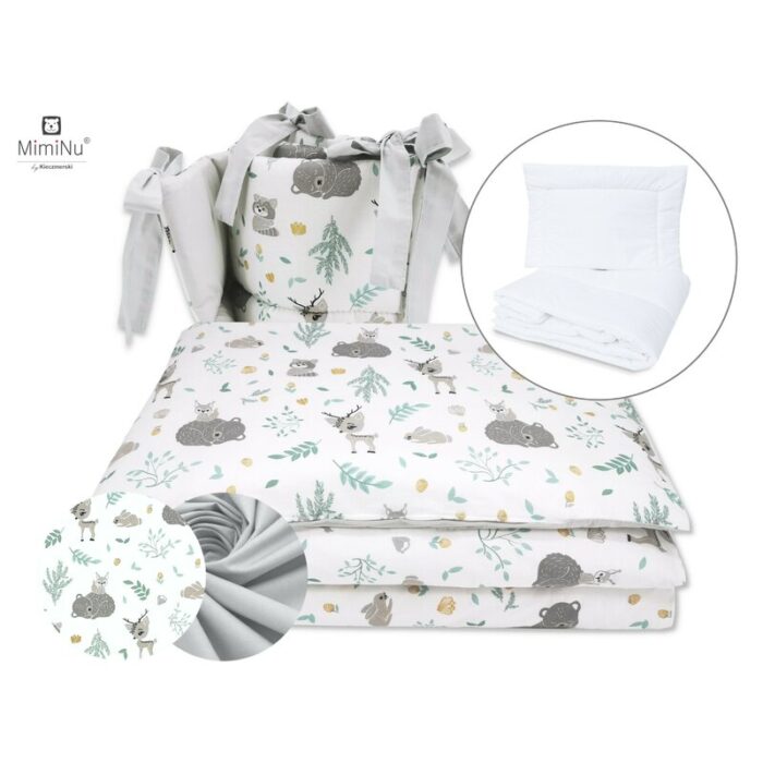 Set lenjerie patut 5 piese cu pilota si perna din bumbac pentru patut 120x60 cm forest friends mint MimiNu