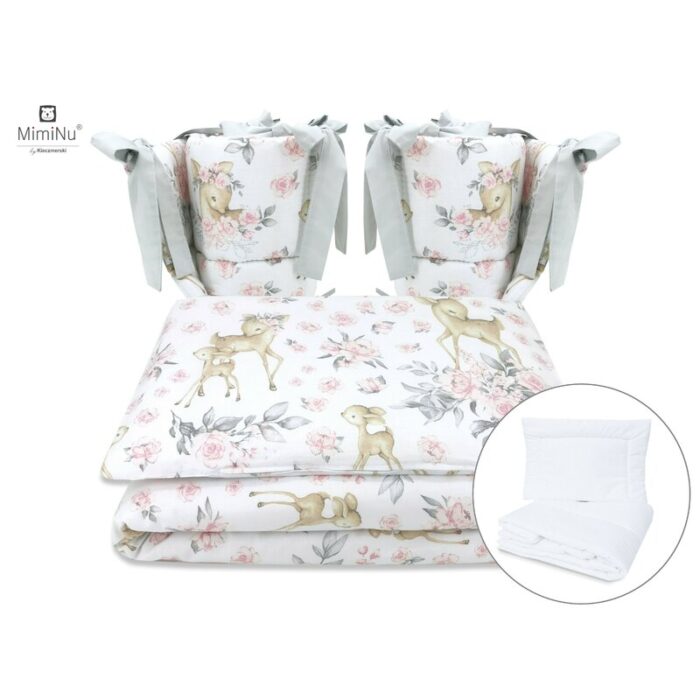 Set lenjerie patut MimiNu 6 piese bumbac cu pilota perna aparatori laterale 120x60 cm Sweet Deer Pink