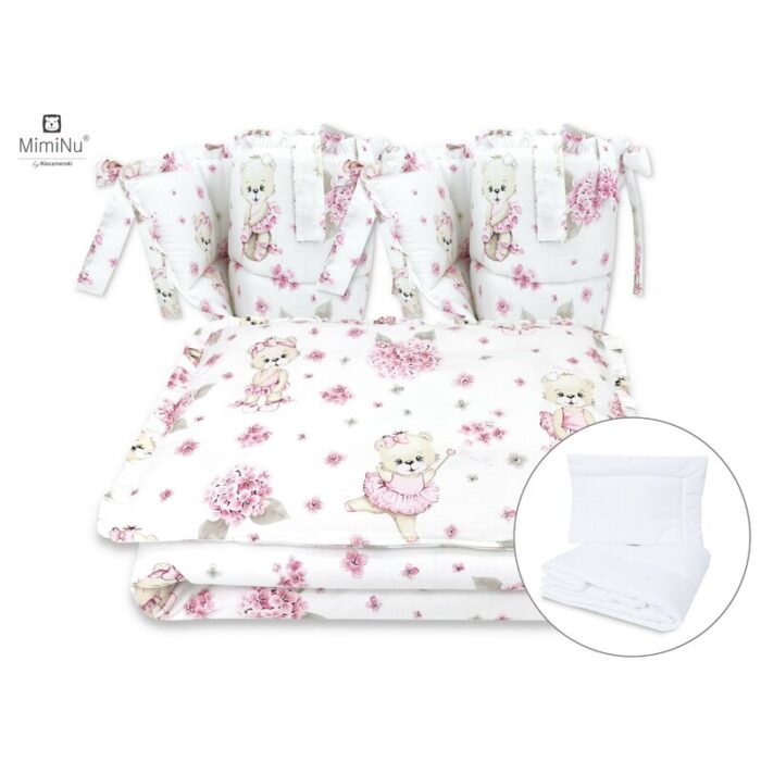 Set lenjerie patut MimiNu 6 piese cu volanase pilota si perna din bumbac 120x60 cm Pink Ballerina